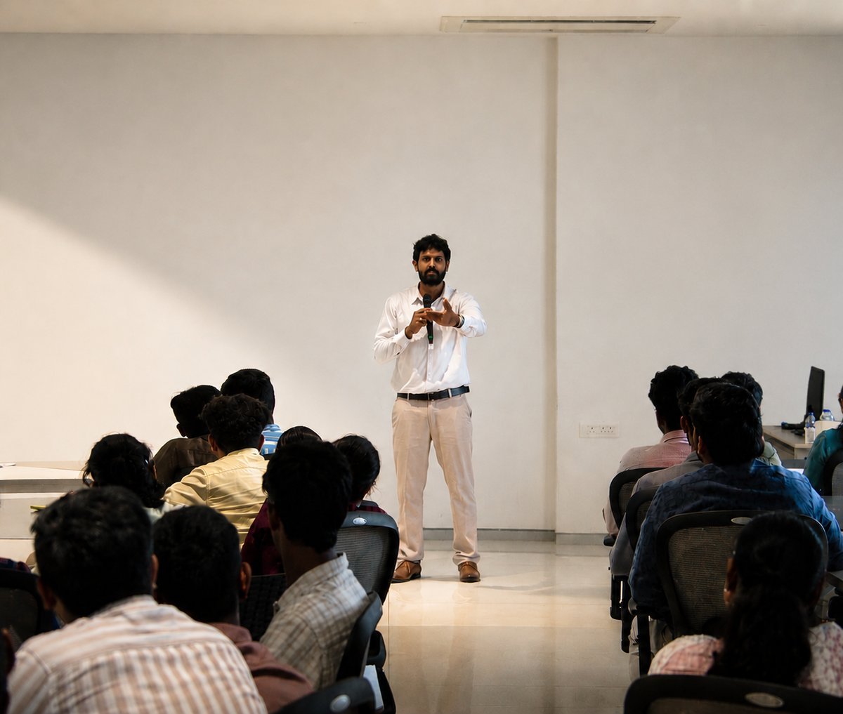 R Commerce mentor presenting live to a full workshop room